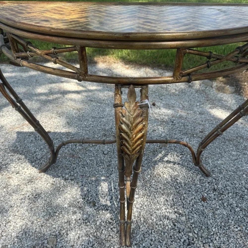 Vintage Regency Faux Bamboo Demilune Console Table Woven Metal Charleston Estate